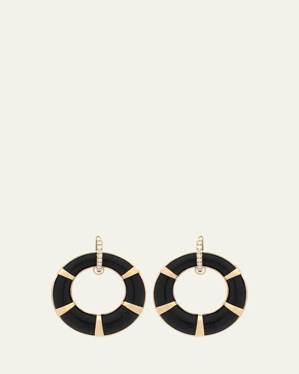 18K Yellow Gold Ebony Hoop Earrings with White Diamonds